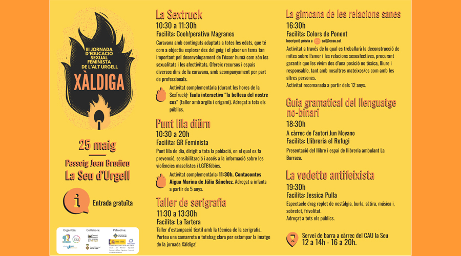 Cartell anunciant la jornada d’educació sexual feminista de l’Alt Urgell, Xàldiga (CCAU)