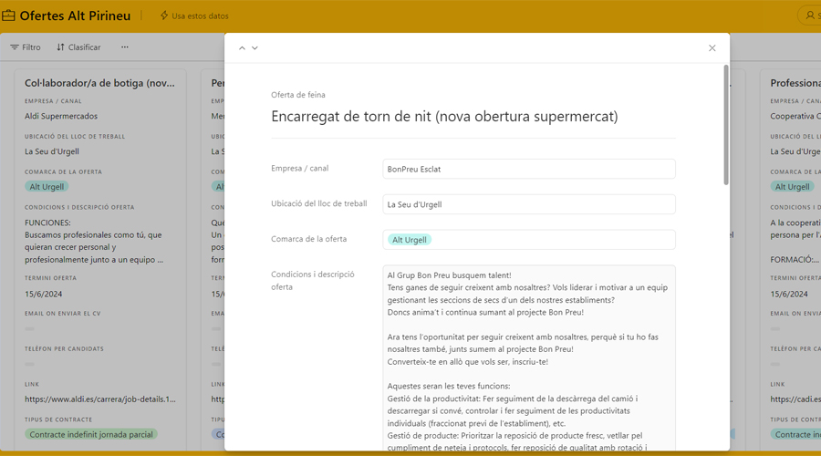 Una de les ofertes de treball que hi ha al Piriofertes