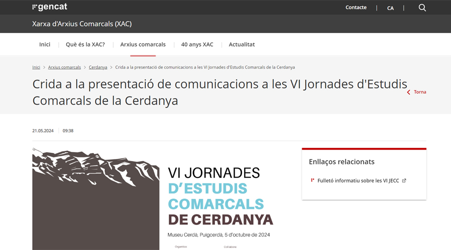 Web de la xarxa d'arxius comarcals informant de les jornades