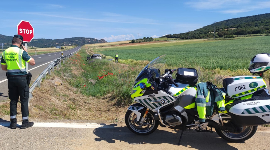 Agents de trànsit revisen el punt de l'N-230, a Benavarri, on aquest dimarts hi ha hagut un accident mortal (Foto: Guàrdia Civil)