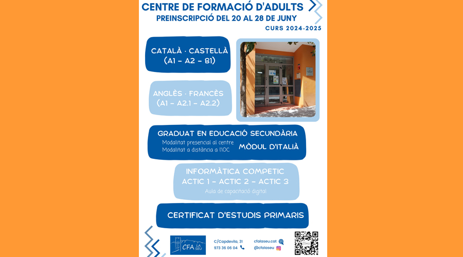 Cartell anunciant les preinscripcions per al proper curs (Aj. la Seu)