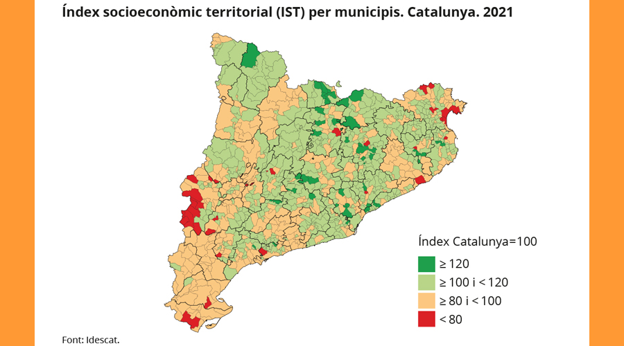 Índex de Desenvolupament Socioeconòmic de Catalunya per municipis, amb dades de 2021 (Mapa: Idescat)