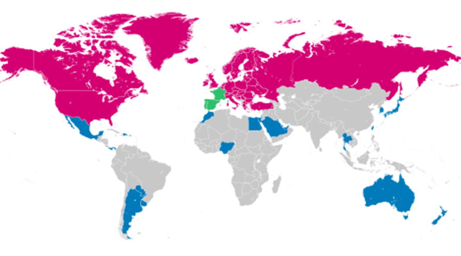 Zona 1 (europea + EUA i Canadà) en color rosa; zona 2 en color blau; i la zona Espanya, França i Portugal en verd (Andorra Telecom