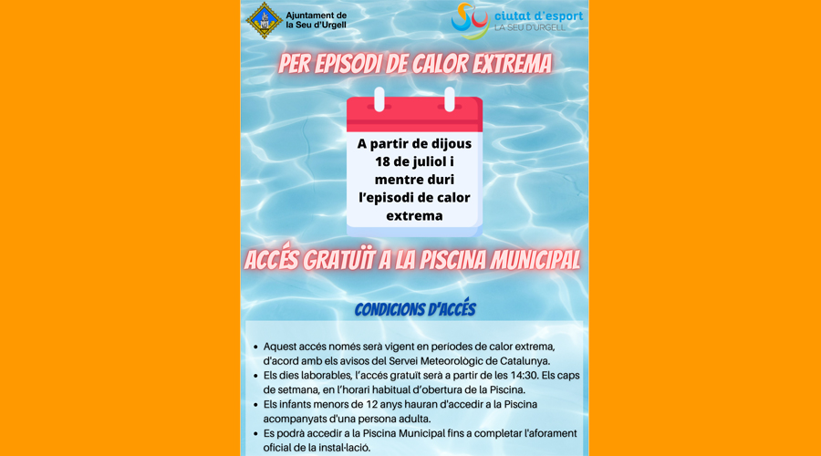 A la Seu la piscina municipal serà gratuïta durant l'episodi de calor extrema (Aj. la Seu)