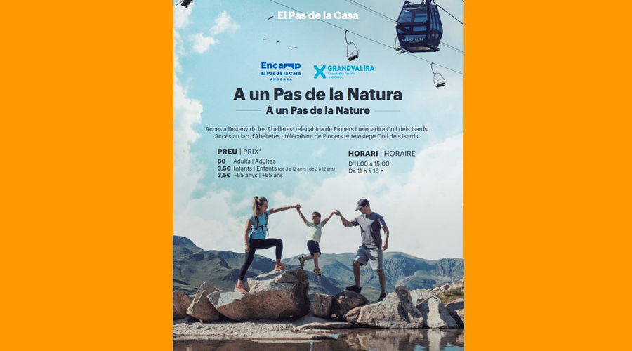 Cartell anunciant l'opció del telecabina i del telecadira (Comú d'Encamp)