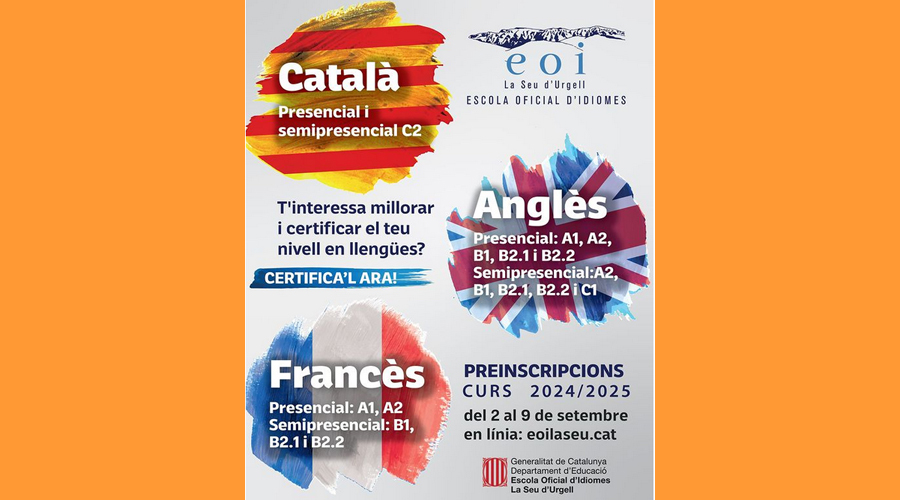 Cartell anunciant les preinscripcions per al curs 2024-2025 a l'EOI de la Seu