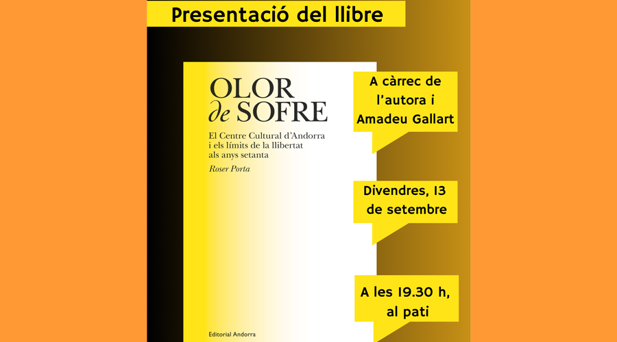 Cartell anunciant la presentació del llibre "Olor de sofre", de Roser Porta