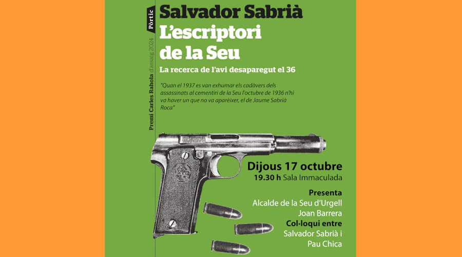 Cartell anunciant la presentació del llibre "L'escriptori de la Seu. La recerca de l'avi desaparegut el 36"