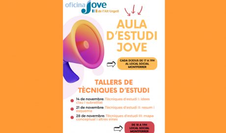 Cartell anunciant els tallers de l'Aula d'Estudi Jove de Montferrer