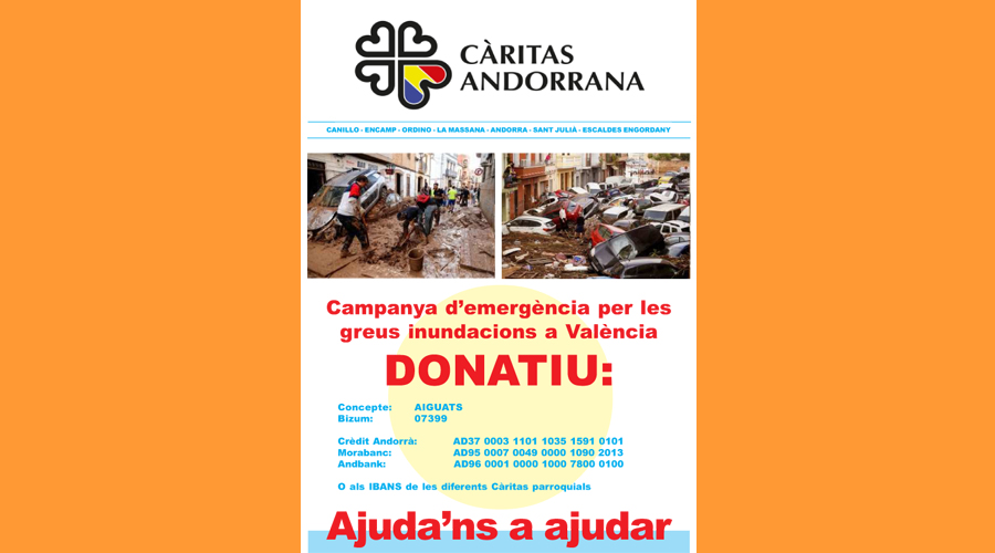 Cartell sol·licitant ajut per als afectats de la DANA (Càritas Andorrana)
