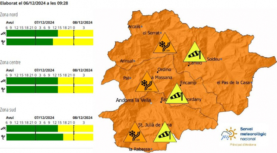 Avís taronja per nevades i ventades (Servei Meteorològic Nacional)