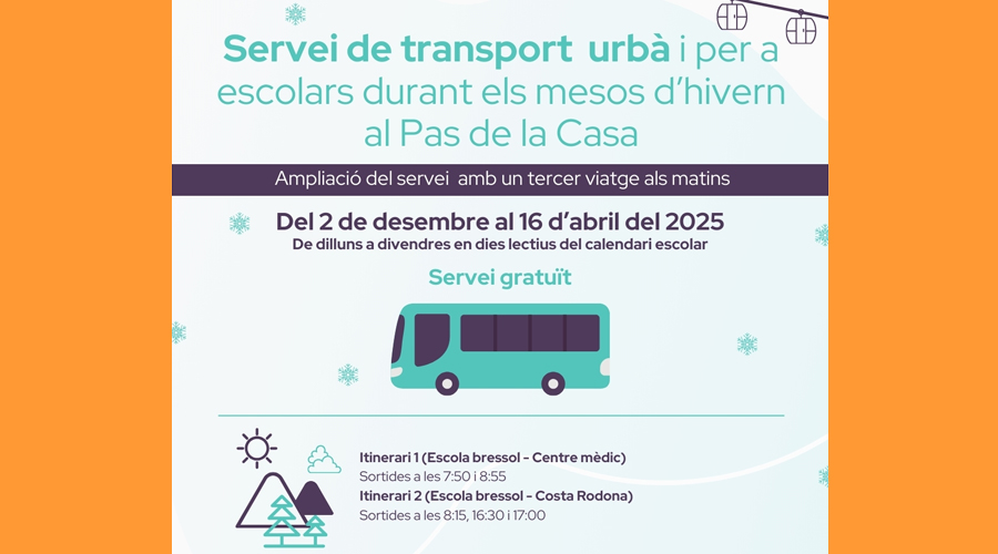 Cartell anunciant l'activació del servei de transport urbà i escolar al Pas de la Casa durant els mesos d'hivern (Comú d'Encamp)