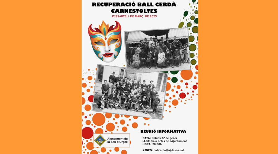 Cartell anunciant la sessió informativa sobre la recuperació del Ball Cerdà per carnaval a la Seu