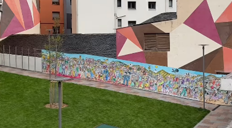 Un fragment del mural que llueix a Escaldes (comuee)