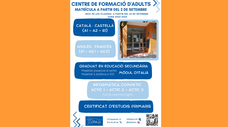 Cartell anunciant l'obertura de matriculacions al Centre de Formació d'Adults de la Seu d'Urgell