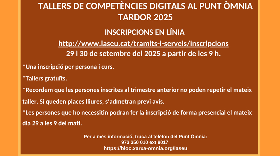 Cartell anunciant els tallers del Punt Òmnia (Aj. la Seu)