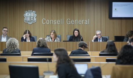 Tercera per l'esquerra, la ministra Trini Marín compareixent davant la Comissió Legislativa