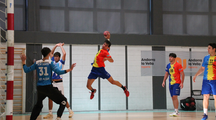 Una acció d'atac del conjunt tricolor (Handbol Club Serradells)