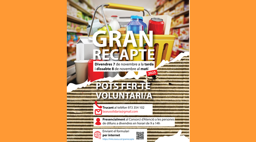 Cartell fent una crida per a ser voluntari del Gran Recapte (Aj. la Seu)