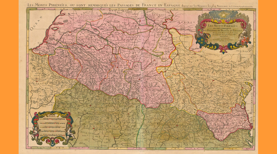 Mapa dels Pirineus, elaborat per Nicolas Sanson entre 1659 i 1667, que mostra la frontera entre Espanya i França després del tractat dels Pirineus (1659) - Aquí Llívia i els pobles del voltant formen part d'Espanya, encara no és enclavament