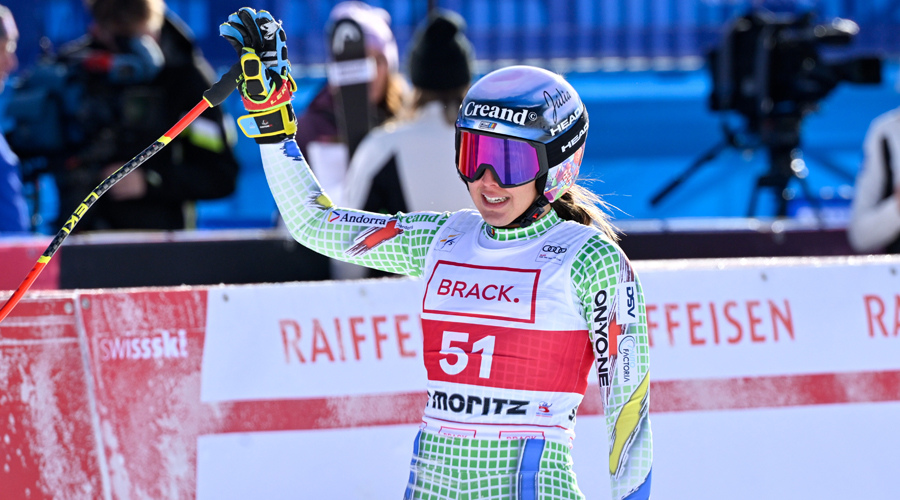 Cande Moreno, a l'arribada del primer descens WC de St. Moritz. Foto: Alain Grosclaude Agence Zoom