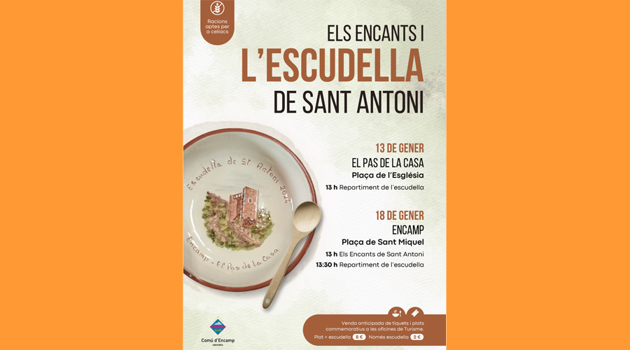 Cartell anunciant l'escudella de Sant Antoni al Pas i Encamp (Comú d'Encamp)