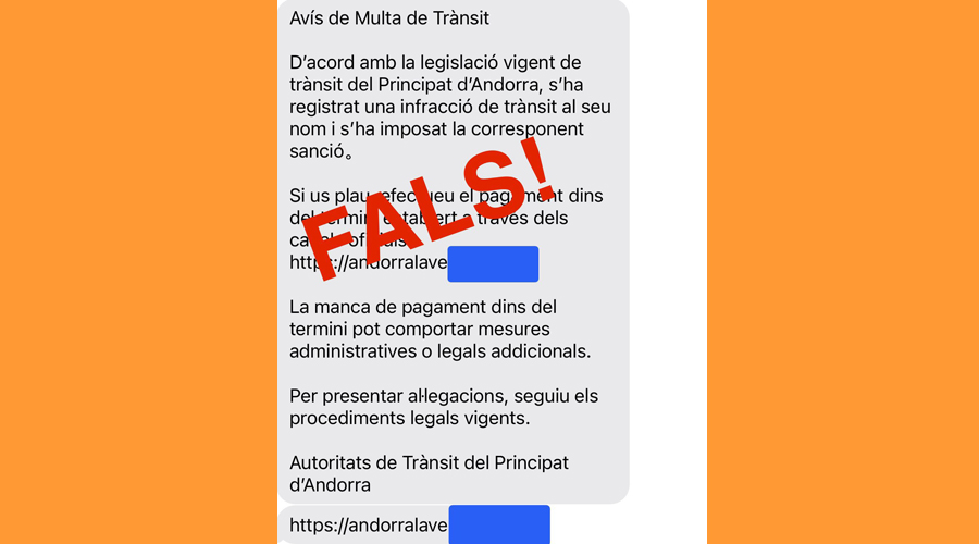 Un dels missatges-estafa rebuts per SMS (Comú d'Andorra la Vella)