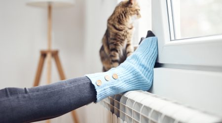 Uns peus i un gat escalfant-se en un radiador