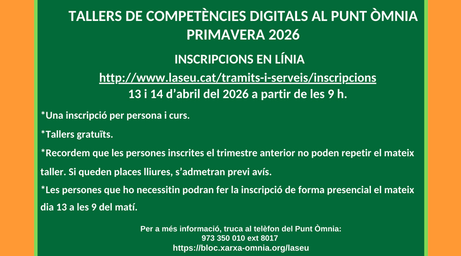 Cartell anunciant les inscripcions per als tallers (Aj. la Seu)